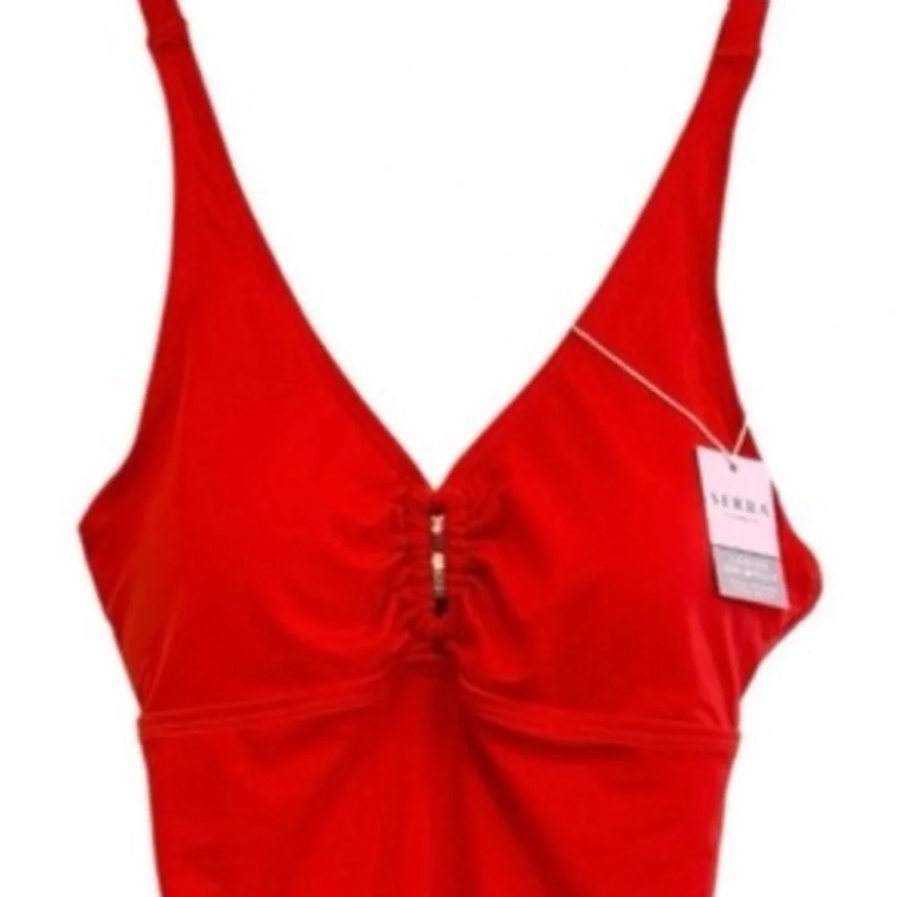 Swimsuit Slimming One Piece Plunge V Neckline Sunset Coral Red Orange Size Small